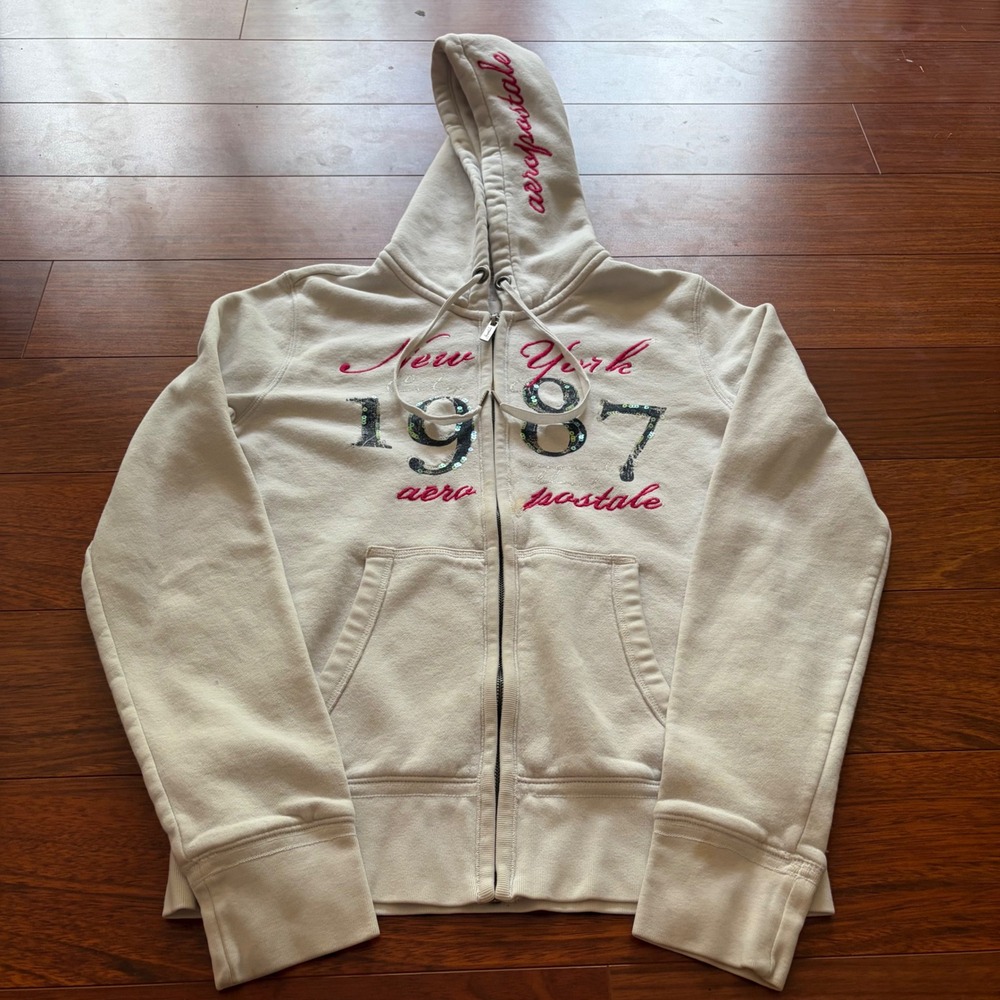 Aeropostale Vintage Y2K Cream Zip Up Hoodie Sequin Spellout New York 1987 Large